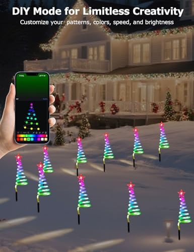2 x 10 Pack Christmas Pathway Lights Outdoor with RGBW DIY Modes, APP Control Spiral Lighted Xmas Tree Path Lights with Scene Modes, Schedule & Music, Christmas Yard Decorations Outdoor Waterproof