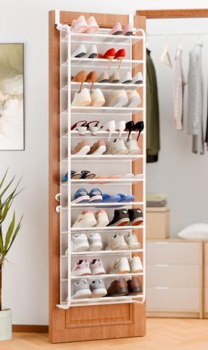 Whitmor 36 Pair Over the Door Shoe Rack,12 Tier Hanging Shoe Organizer with Metal Frame & Mesh Shelves, Heavy Duty Shoe Storage Holder for Door, No Drill Installation, 74" H x 21.7" W x 7.5" D, White