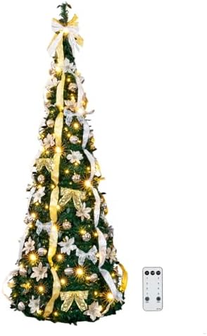VINGLI 7ft Pop up Artificial Christmas Pine Tree with 150 Warm White Lights, Xmas Tree Holiday Party Decorations with Sturdy Metal Stand (Gold&Silver)