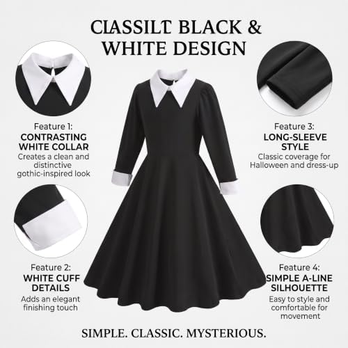 Girls Halloween Black Dress with Wig Necklace Cosplay Costume Set