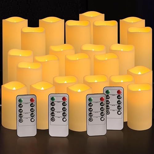 YOROXRG Set of 24 Waterproof Outdoor Flameless Candles, LED Candles with 4 Remote and Timer,(H 4" 5" 6" x D 2.2"),for Christmas,Halloween,Wedding,Festival