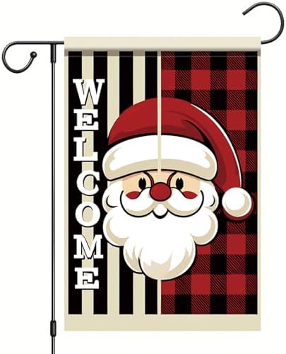 Christmas Santa Claus Garden Flag Welcome Sign Outdoor Yard Decoration Red Black Plaid Buffalo Check Holiday Banner Vertical Double Sided Winter Holiday House Lawn Decor 12 x 18 Inch