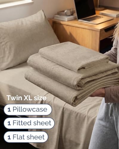 Twin XL Size 3 Piece Sheet Set - Breathable & Cooling - Heathered Beige