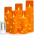 kakoya Flameless LED Candles with Timer 5 Pc Flickering Flameless Candles for Romantic Ambiance and Home Decoration Stable Acrylic Shell,with Embedded Star String，Battery Operated Candles（Orange）