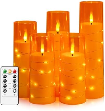 kakoya Flameless LED Candles with Timer 5 Pc Flickering Flameless Candles for Romantic Ambiance and Home Decoration Stable Acrylic Shell,with Embedded Star String，Battery Operated Candles（Orange）