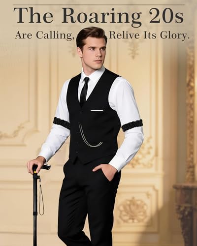 1920s Mens Costume, Roaring 20s Costumes for Men 1920s Mens Outfit with Walking Cane Vest Hat 1920 Mens Accessories
