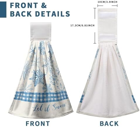 2 Pcs Winter Kitchen Towels with Hanging Loop, Blue White Snowflake Hand Tie Towels Oven Baking Cooking Dish Towels Soft Absorbent Fast Drying Hanging Towel for Bathroom
