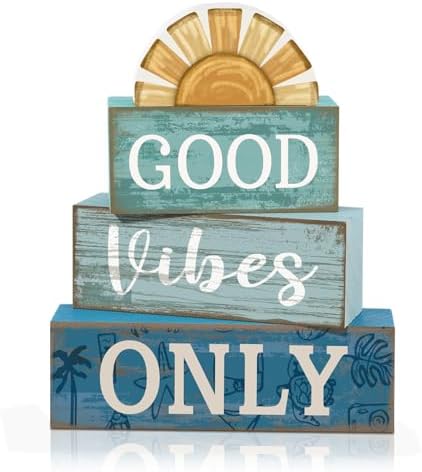 Lineshading 4 Pcs Summer Beach Table Decor Good Vibes Only Wooden Sunshine
