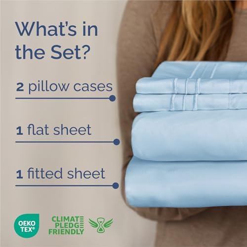 King Size 4 Piece Sheet Set - Breathable & Cooling Sheets - Light Blue
