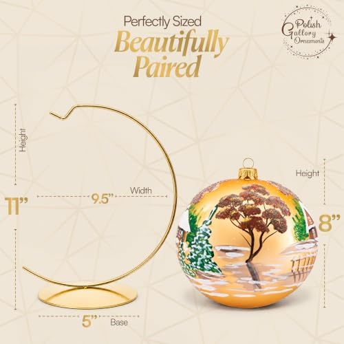 Hand Blown Glass Christmas Ornaments Ball, Cottage Houses Gold 8 in + Stand