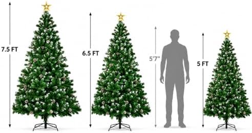 XtremepowerUS 5FT Artificial Christmas Tree, Snow Flocked Spruce Frosted Tips with Pinecones, Pre-Decorated Realistic Holiday Tree with Hinged Branches & Metal Stand for Indoor Home Christmas Décor