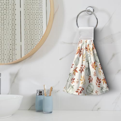 Fall Orange Leaves Pumpkin Kitchen Hanging Towels Autumn Thanksgiving Harvest Hand Towels with Hanging Loops Set of 2 Oven Stove Dish Hang Towel Soft Absorbent Bath Tie Towel