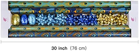 WRAPAHOLIC Peacock Christmas Wrapping Paper Set - Green Peacock Elements Patterns with Metallic Foil Shine Wrapping Paper Bundle with Gift Bow & Ribbon & Tag & Sticker