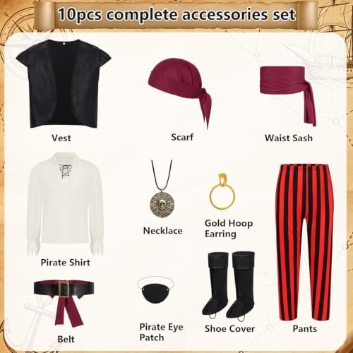 9pcs Adult Halloween Pirate Costume for Men with Accessories