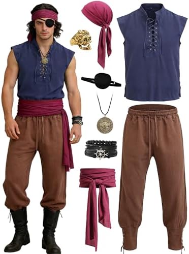 Verceco Mens Pirate Costume 8PCS Renaissance Sleeveless Shirt Ankle-Banded Pants Sash Belt & Accessories LARP Cosplay