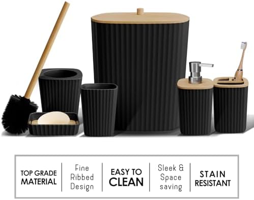 Clara Clark Bathroom Set - Black Bathroom Accessories Set, 6PC Bathroom Accessory Set, Bathroom Sets with Bathroom Rugs, Toilet Brush, Trash Can & Soap Dispenser