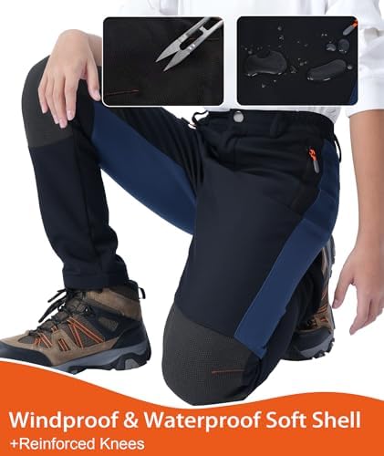 Boys Snow Pants Kids Fleece Lined Thermal Winter Hiking Pants Waterproof Softshell Elastic Waist Outdoor Cold Weather