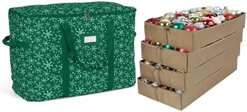 Covermates Keepsakes Adjustable Ornament Storage Bag – Heavy-Duty Polyester, Padded Dividers & FlexGrid Trays – Protective Holiday Ornament Organizer with Handles & Label Window, Green Snowflake