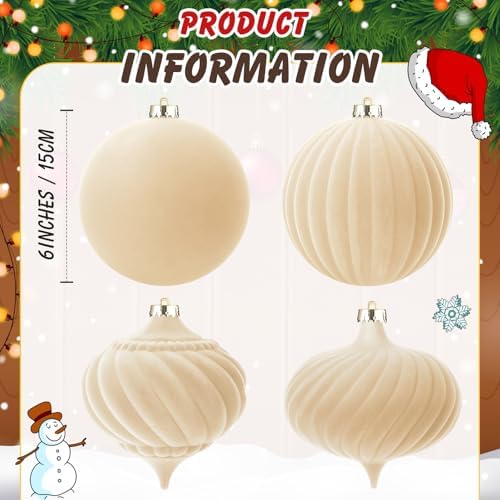 Civaner 4 Pcs Large Velvet Christmas Ball,6 Inch,Beige