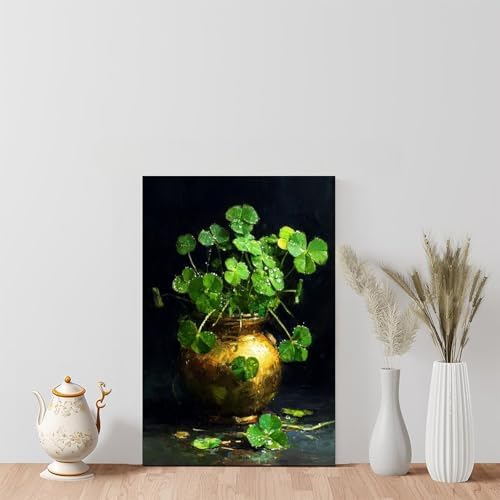 JDBeehpy Irish Clover Painting Green Festival (Unframed, Canvas Only) Mural Modern Minimalist Gold Jar St. Patrick Classic Holiday Gift Home Living Room Picture Decoration 12x18inch(30x45cm)