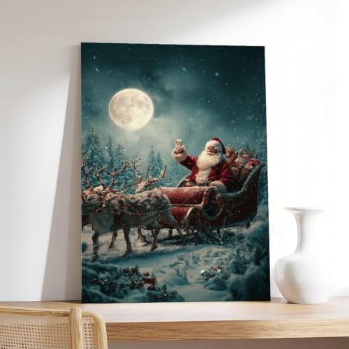 JDBeehpy Santa Claus Sleigh Reindeer Vintage Home Decor Framed 12x18inch