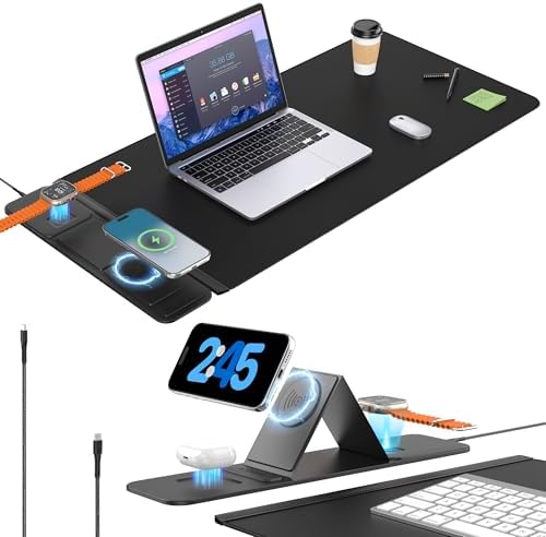 25W Wireless Fast Charging Mouse Pad with Foldable Phone Holder, 2nd Gen 3-in-1 Wireless Charging Desk Mat 35.4" x 15.7" Large Waterproof Desk Pad for Office, Gaming & Home