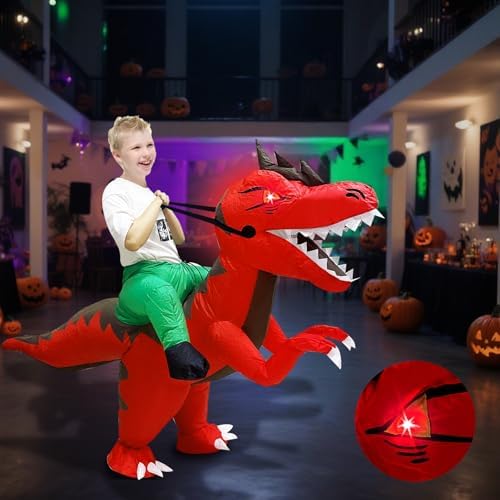 Camlinbo Kids Halloween Inflatable Costume, Dinosaur T-Rex Blow up Rider Costume with LED Eyes for Halloween Cosplay Party