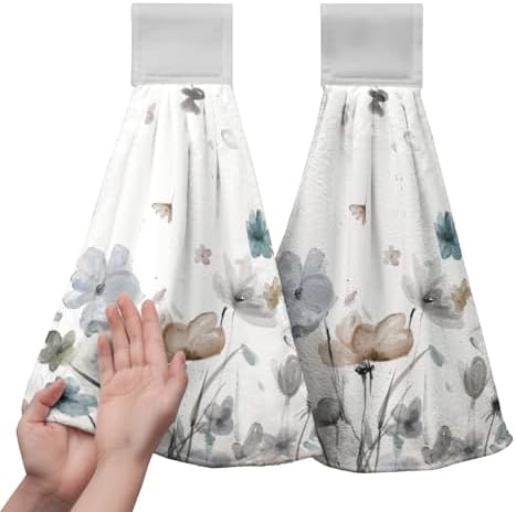 Watercolor Floral Hanging Kitchen Towels Set of 2 Spring Summer Grey Flowers Hand Towel with Hanging Loop Wildflower Daisy Dish Towel Soft Absorbent Bath Tie Towel for Bathroom Farmhouse