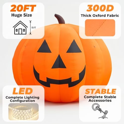 Giant 20Ft Halloween Inflatables Pumpkin Decorations, Blow Up Yard Decorations with 550W Waterproof Air Blower & LED Lights for Commercial Use, Outdoor Yard Lawn Halloween Party