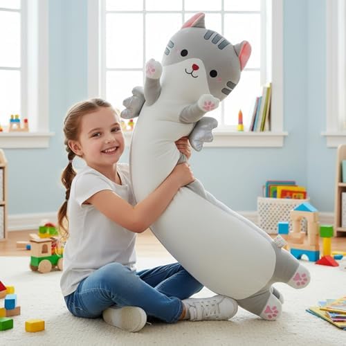 Somao 23.6" Long Cat Plush Pillow with Wings - Super Soft Stuffed Animal for Kids & Adults, Cute Body Pillow for Sleeping, Squishy Cat Plushies Gifts for Girls (Gray)