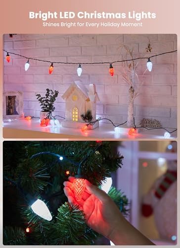 C9 Christmas Lights Outdoor, 114FT 150 LED C9 String Lights, Red|Pure White