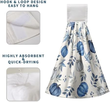 Fall Blue Pumpkin Kitchen Towels with Hanging Loop Autumn Thanksgiving Hanging Hand Towels Seasonal Eucalyptus Maple Leaf Dish Tie Towel Soft Absorbent Fingertip Bath Towel Set of 2