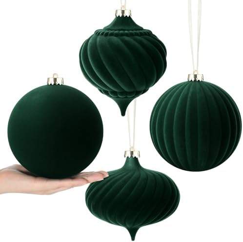 Civaner Large Velvet Christmas Ball Ornaments Vintage Christmas Plastic Ball Ornaments Flocked Xmas Tree Hanging Decoration for Xmas Party Decor(6 Inch,Green,4 Pcs)