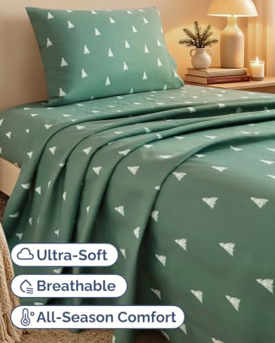 Christmas Sheet Set, Sage Pine Trees, Holiday Xmas Bedding Set - Twin XL