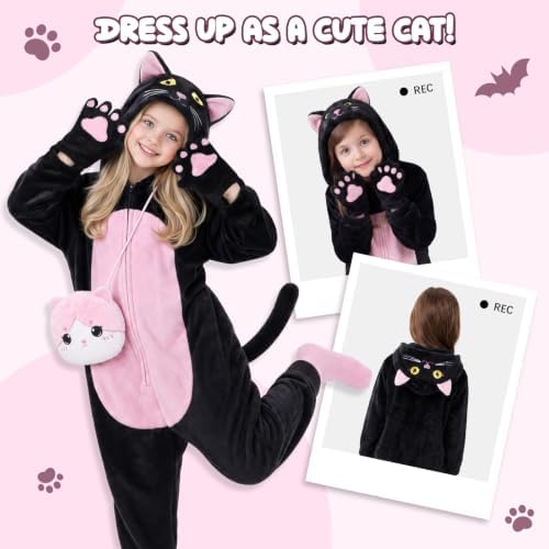 Joycover Halloween Black Cat Costume for Girls, Kids Cat Onesie & Purse Bag