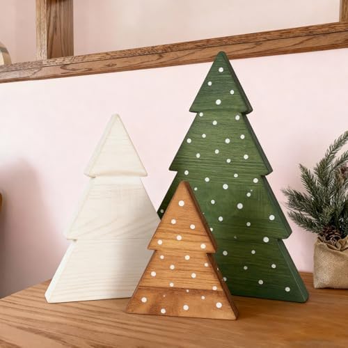 DAZONGE Christmas Decor, Set of 3 Wooden Tabletop Christmas Tree Decorations Sign, Farmhouse Neutral Freestanding X-mas Tree for Home Mantel Shelf Office