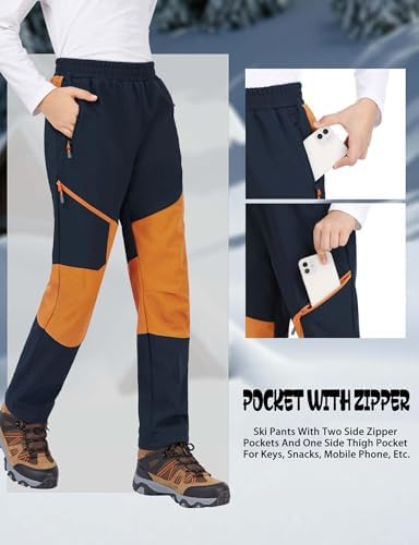 Kids Winter Pants Fleece Lined Waterproof Boys Ski Pants Thermal Outdoor Softshell with Zipper Pockets