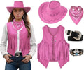 Women Cowgirl Costume Western Vest Hat Belt Set for Cowgirl Cowboy Halloween Cosplay