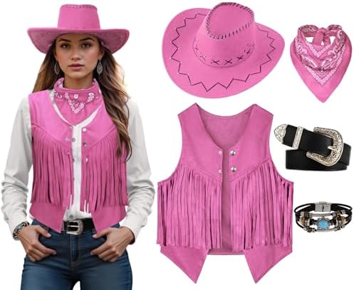 Women Cowgirl Costume Western Vest Hat Belt Set for Cowgirl Cowboy Halloween Cosplay