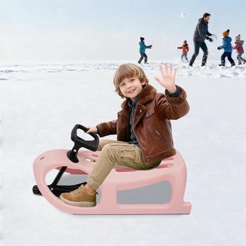 Snow Sled for Kids Single Rider Snow Rush Sledge Toboggan Sled with Steering Wheel and Pull Rope 220Lbs Capacity Outdoor Toddler Sled Winter Sleigh for Snowy Hills, Ski Resorts