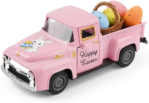 Spring Truck Decor, Pink Egg Bunny Truck Decorations for Home Indoor, Mini Basket Eggs Truck Tiered Tray Decor, Spring Rustic Farmhouse Kitchen Tabletop Decorations for Office