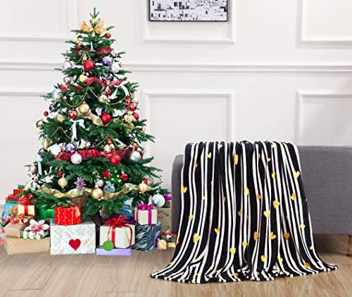 Elegant Comfort Luxury Velvet Super Soft Christmas Prints Fleece Blanket-Holiday Theme Home Décor Fuzzy Warm and Cozy Throws for Winter Bedding, Couch and Gift, 50 x 60 inch, Golden Hearts