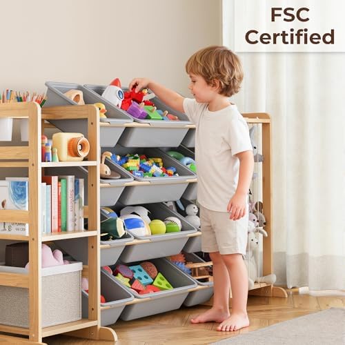 Toy Storage Organizer with Bookshelf and Stuffed Animal Storage - Kids Playroom Organization with 3 Shelves and 12 Toy Bins - Toddler Living Room Toy Box for Lego - Nursery Bedroom Decor Essential