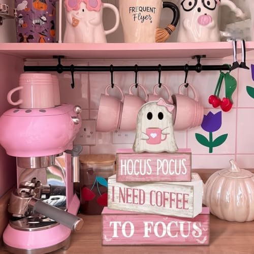Moucuny 4 Pcs Pink Halloween Table Decor Ghost Wooden Stacked Block Decor