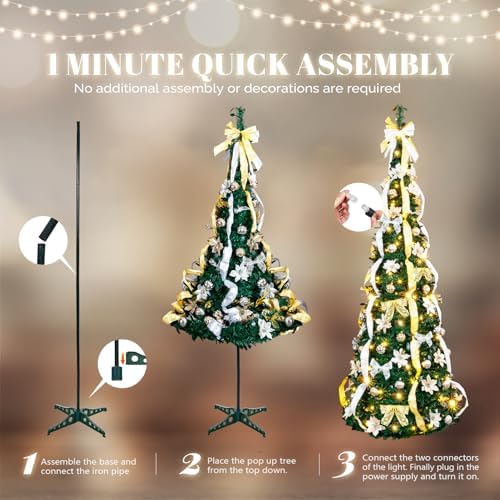 VINGLI 7ft Pop up Artificial Christmas Pine Tree with 150 Warm White Lights, Xmas Tree Holiday Party Decorations with Sturdy Metal Stand (Gold&Silver)