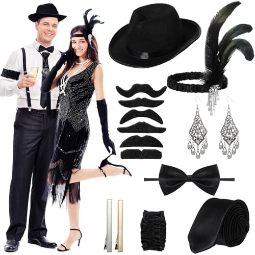 1920s Couples Costume Set Flapper Dress Hat