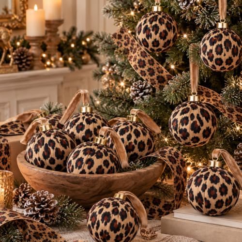 Outus 18Pcs Leopard Print Christmas Ball Ornaments Wild Glam Decor for Tree