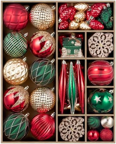 JORNOY 106Pcs Christmas Ornaments Set, Shatterproof Assorted Hanging Baubles Decorations Bulk for Christmas Tree Decorations Home Holiday Party Decor, Red & Green & Gold