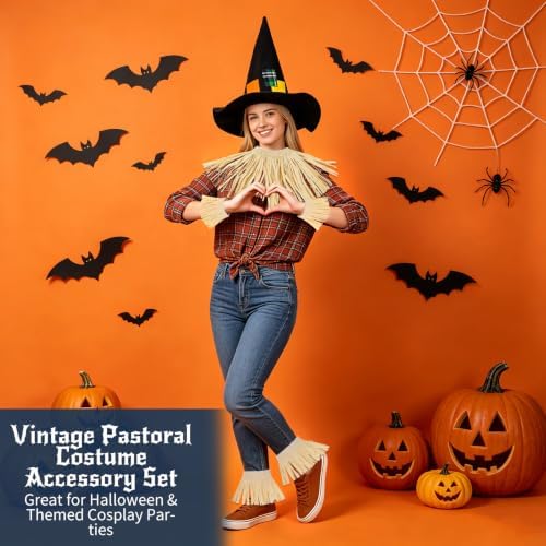 10Pcs Halloween Scarecrow Couple Costume Set - Silver Gloves Hat Axe Red Heart Sticker Scarecrow Hat Neck Wrist Leg Ties - Adult Men Women Group Party Carnival Cosplay Costumes