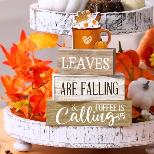 Lineshading 4 Pcs Fall Coffee Table Decor Wooden Pumpkin Latte Block Signs